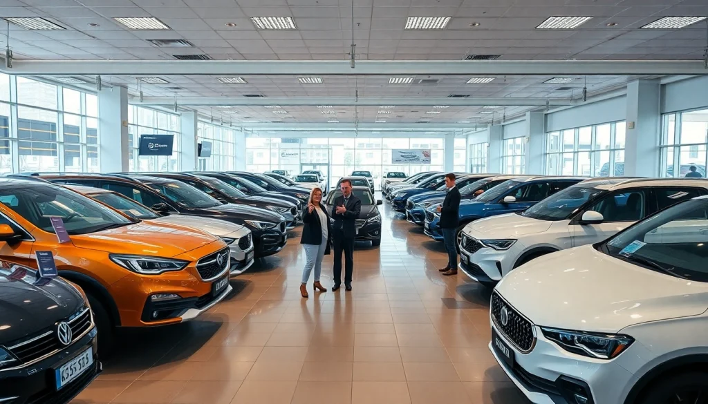 Buy a car in a vibrant showroom showing diverse vehicles and lively customer engagement.