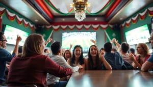 Engaging sports betting Mexico scene with excited fans around a screen.