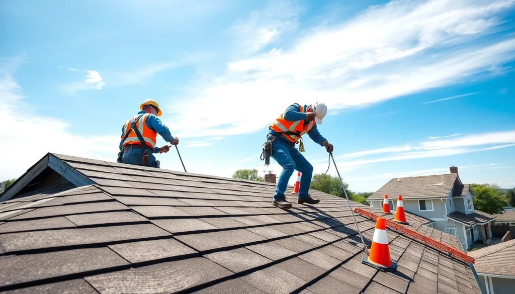 Showcasing Professional roofing services as skilled workers install a new roof in a residential setting.