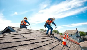 Showcasing Professional roofing services as skilled workers install a new roof in a residential setting.