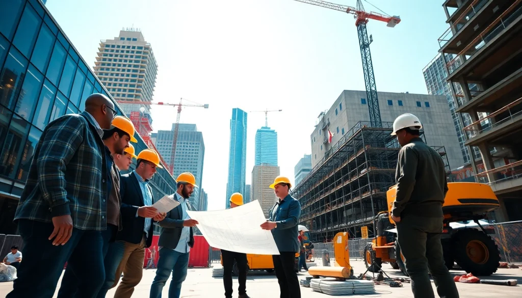 Team of New York City Commercial General Contractor professionals reviewing blueprints on-site.