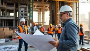 Manhattan Construction Manager coordinating with team members on-site with architectural blueprints.