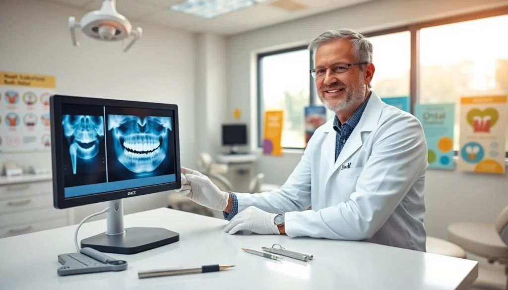 Dentist examining a dental x-ray in a modern dental office, providing patient care.