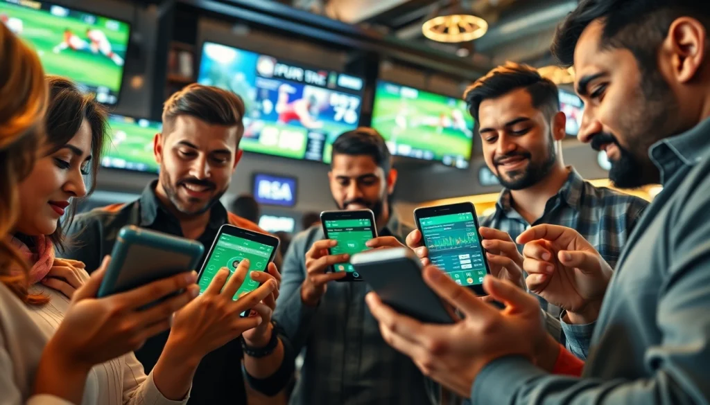 Engaged users exploring online sportsbooks India through smartphones and tablets in a vibrant setting.