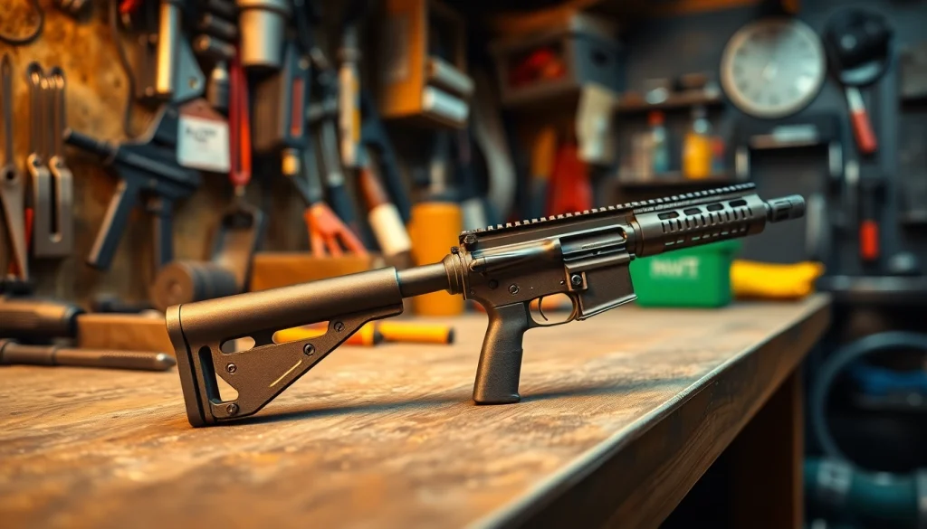 Find out where to buy wot trigger displayed on a workbench with tools in the background.