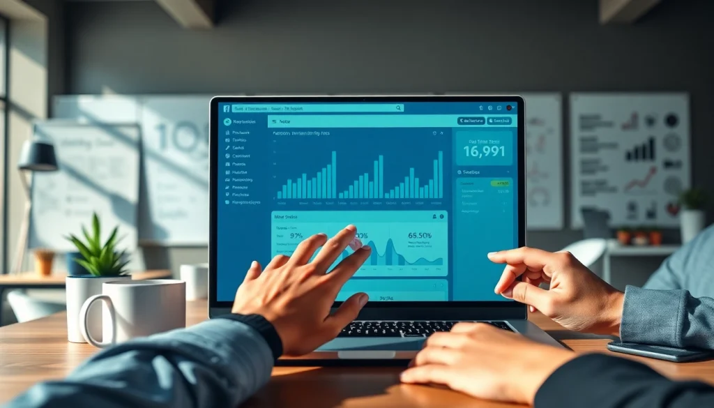 Showcasing a vibrant facebook smm panel interface engagingly analyzed in a modern office.