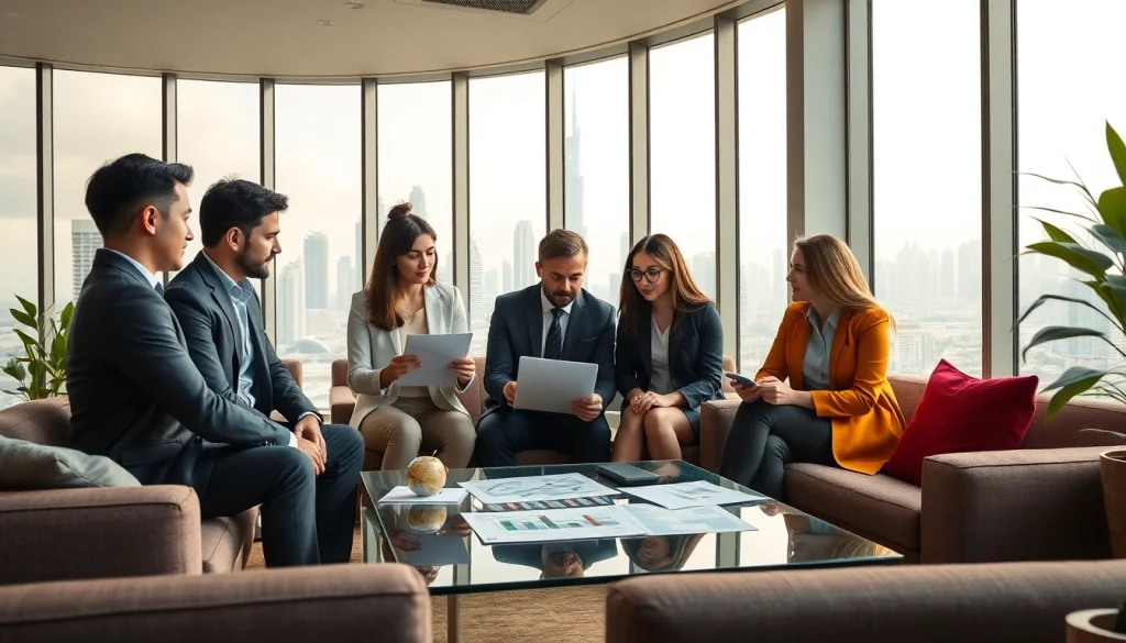 Business Consultants in Dubai collaborating in a modern office with a skyline view, emphasizing strategic discussions.