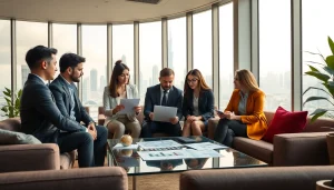 Business Consultants in Dubai collaborating in a modern office with a skyline view, emphasizing strategic discussions.