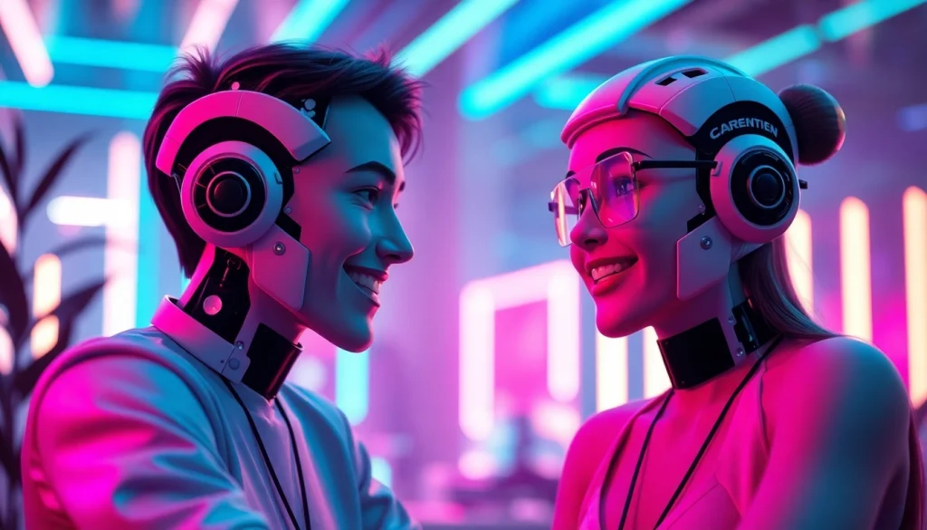 Engaging sex chat AI scene with vibrant AI characters and futuristic digital landscape