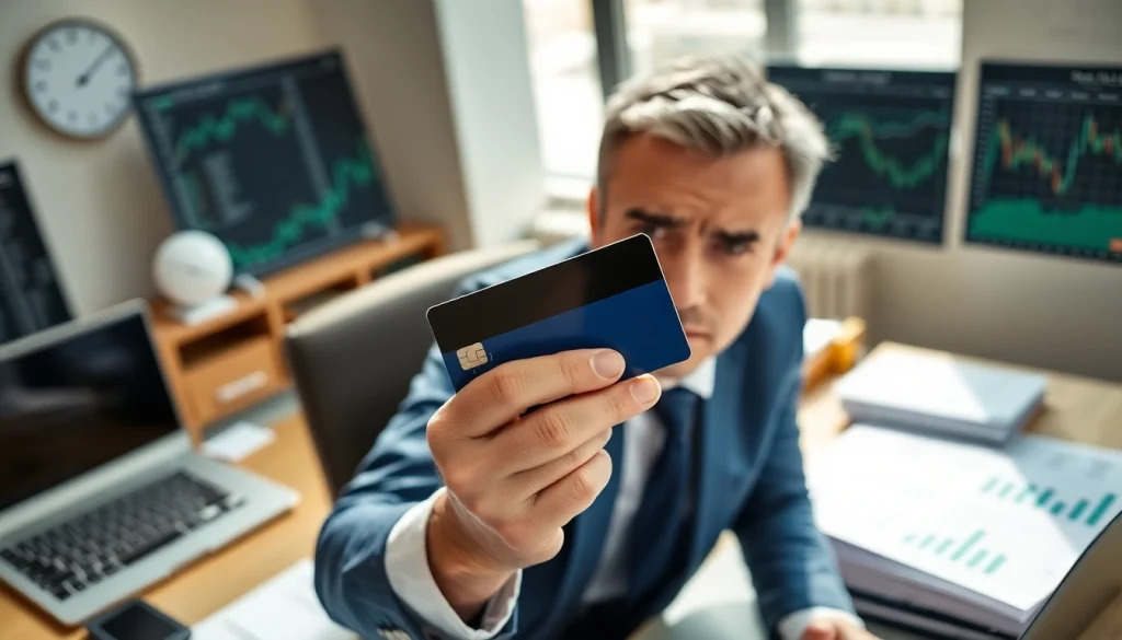 카드현금화 전문가가 사무실에서 신용카드를 들고 있는 모습