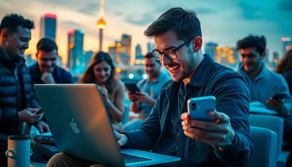 Engaging in online sports betting Canada with excited individuals in an urban setting showcasing vibrant nightlife.