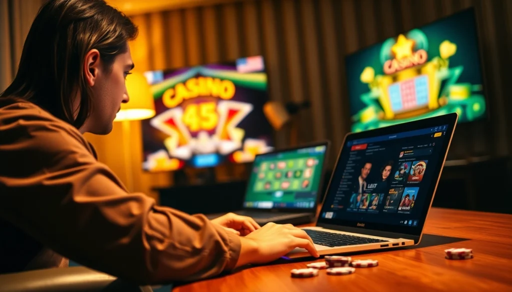 Engaged player enjoying online casino Canada experience on a laptop with vibrant casino visuals.
