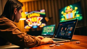 Engaged player enjoying online casino Canada experience on a laptop with vibrant casino visuals.