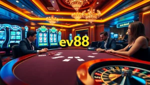Engaging view of ev88 online casino with poker players at a luxury table and vibrant slot machines.