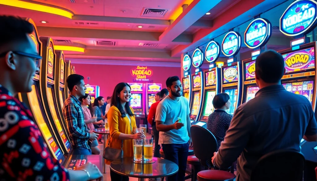 Kode4D slot players enjoying a vibrant gaming lounge atmosphere with exciting machines.