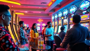 Kode4D slot players enjoying a vibrant gaming lounge atmosphere with exciting machines.