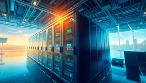 Dynamic digital scene of cloud mining bitcoin, featuring advanced servers and renewable energy sources.