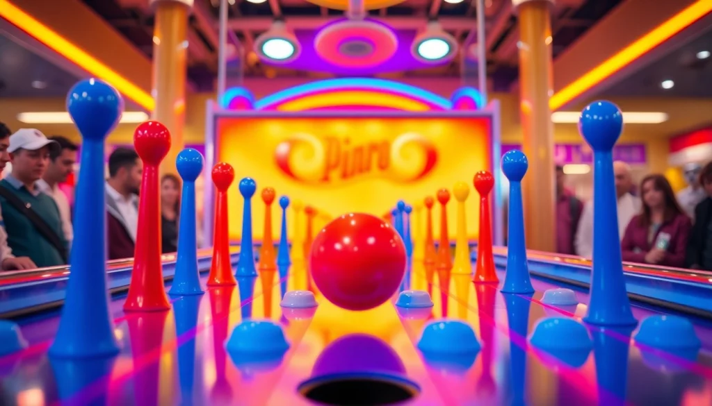 Main gameplay of demo plinko dengan bola yang jatuh melalui pin warna-warni di arcade.