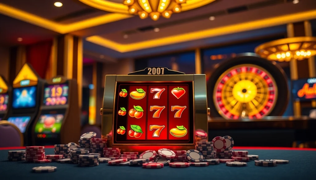 Rasakan sensasi slot dewanaga89 dengan visual atmosfer kasino yang hidup, menampilkan kegembiraan kemenangan.