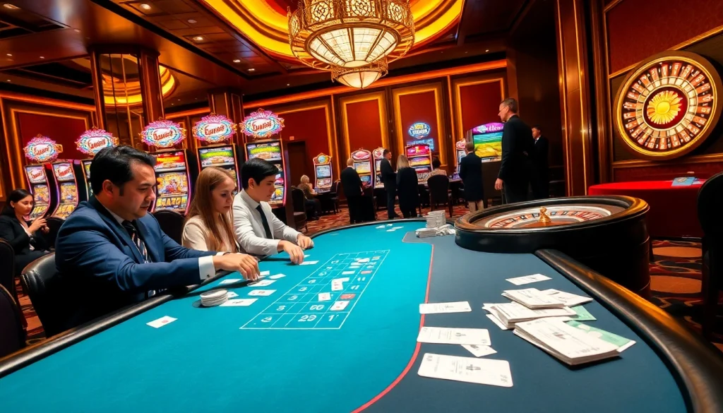 Engaged players exploring W88 link at a luxurious casino table, showcasing high-stakes excitement.