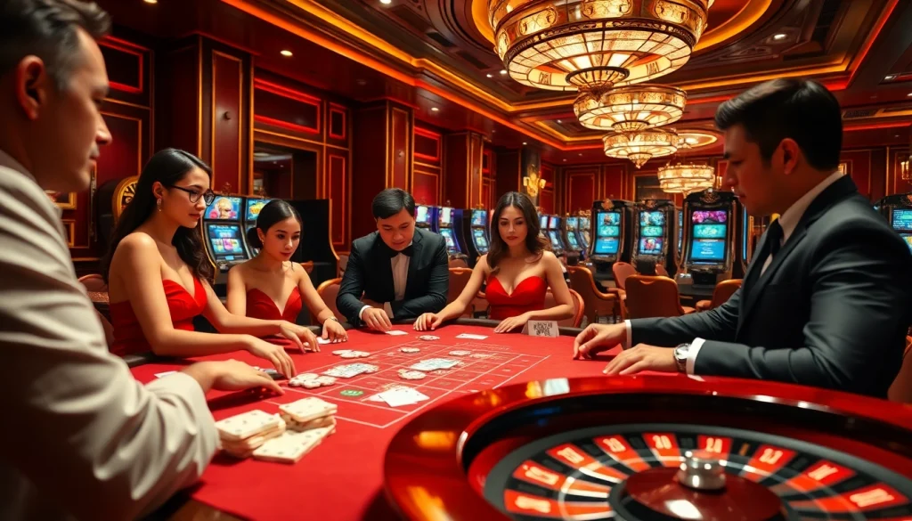 A thrilling baccarat game experience at https://jun88buzz.info/ with players and vibrant casino visuals.