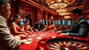 A thrilling baccarat game experience at https://jun88buzz.info/ with players and vibrant casino visuals.