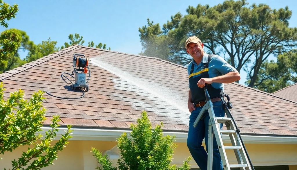 Roof cleaning service using eco-friendly soft wash techniques in Kissimmee, FL, showcasing professional roof restoration.