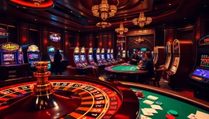 Engaging casino action with THABET branding, featuring poker tables and roulette.