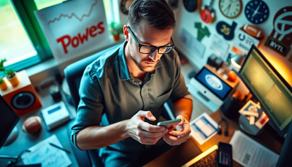 Engaged sports bettor exploring online sports betting California on a smartphone in a modern setting.