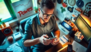 Engaged sports bettor exploring online sports betting California on a smartphone in a modern setting.