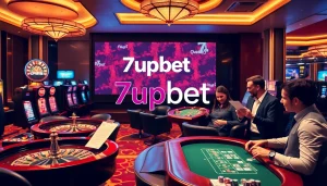 Players enjoying casino games at 7upbet, featuring slot machines and roulette tables.