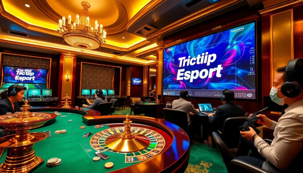 Engaging scene of Trực tiếp Esport gambling, featuring poker chips and roulette wheel in a luxurious casino setting.