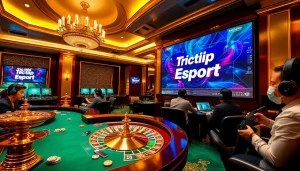 Engaging scene of Trực tiếp Esport gambling, featuring poker chips and roulette wheel in a luxurious casino setting.