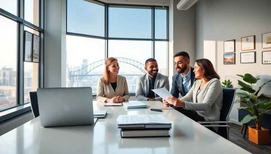Migration lawyer Sydney consulting with clients in a modern office.