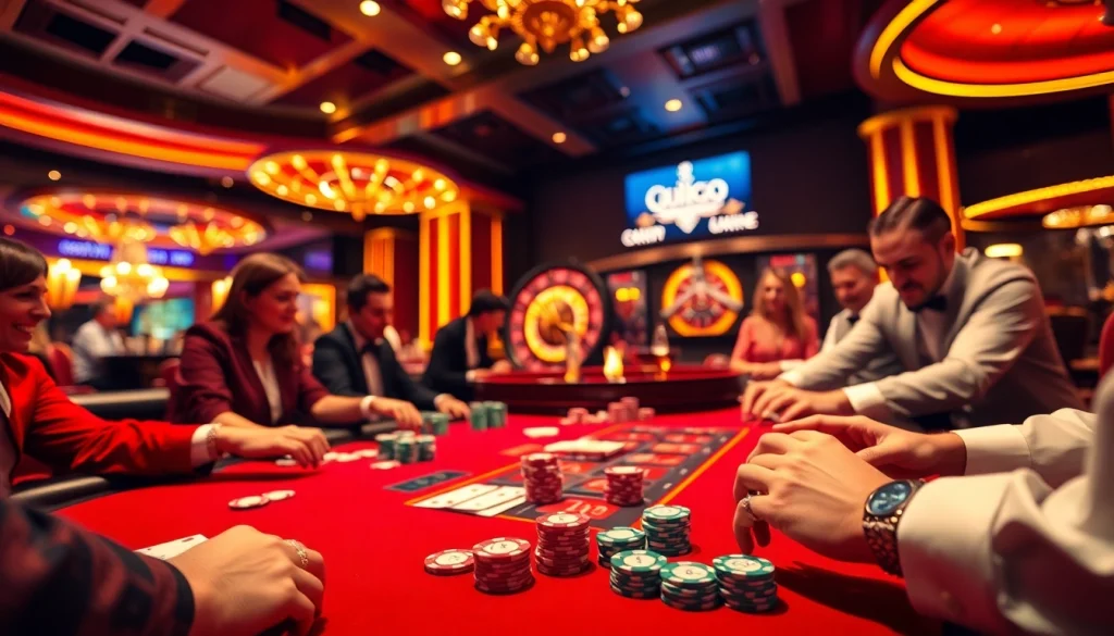 Enjoy an intense poker game at https://98win3h.blog, featuring players and vibrant poker chips at a luxurious casino.