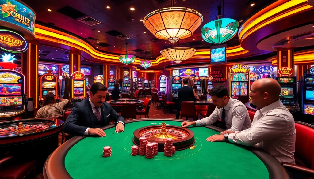Players enjoy thrilling games at the luck8 trang chủ casino, with vibrant tables, chips, and excitement in the air.