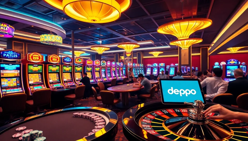 Exciting casino scene showcasing vibrant slot machines and poker tables focused on depo 5k betting.