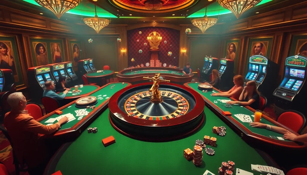 Players engaged in high-stakes gaming at a luxurious casino setting, featuring the online platform https://okfun.page, enhancing excitement and strategy.