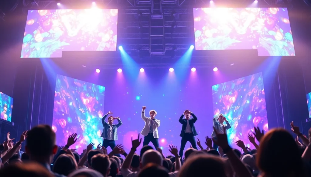Engaging BTS news concert scene highlighting the members performing with vibrant audience reactions.