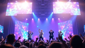 Engaging BTS news concert scene highlighting the members performing with vibrant audience reactions.