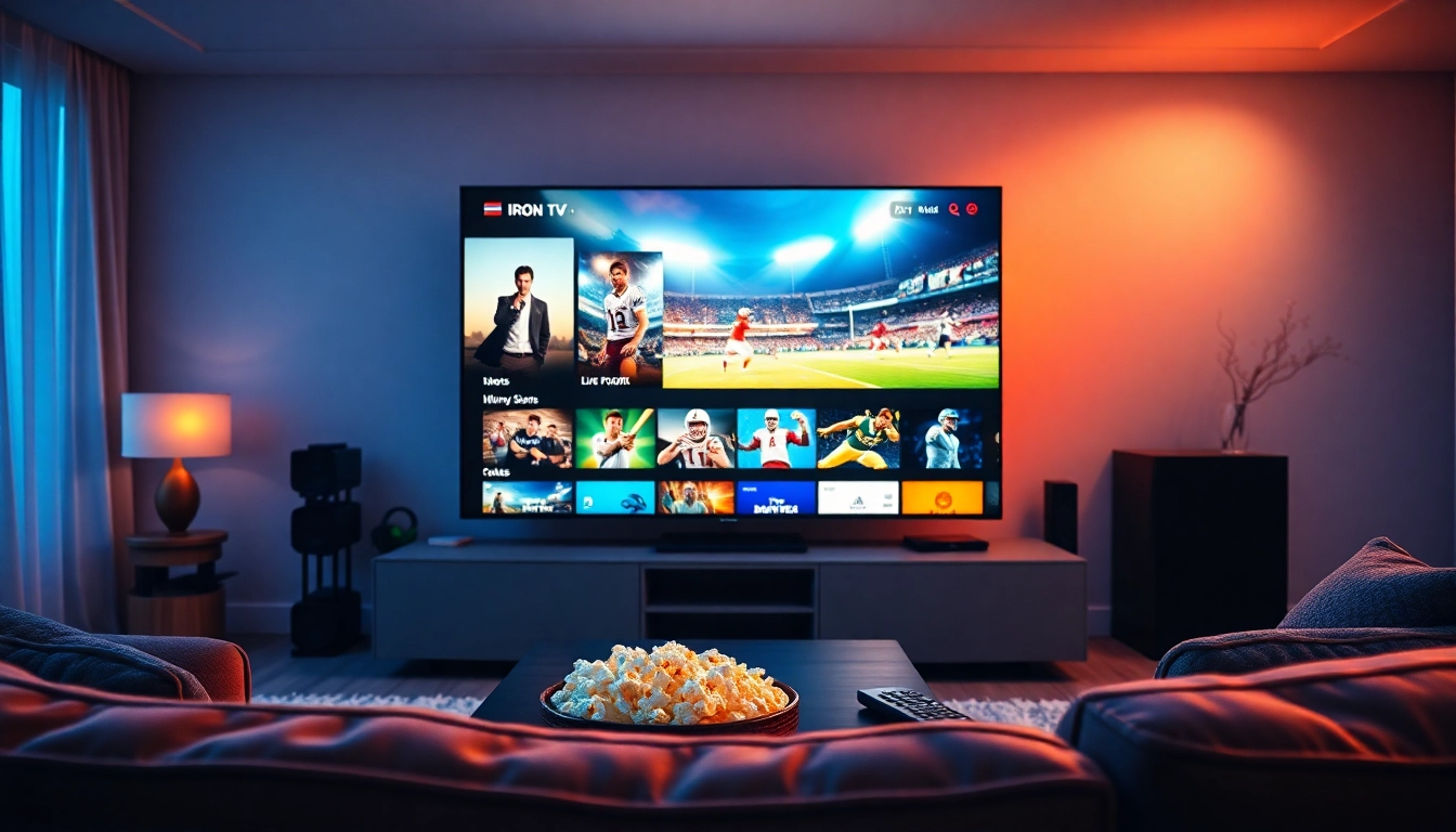 Iron TV Pro interface on a Smart TV in a cozy living room, showcasing premium entertainment options.