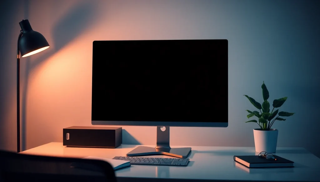 Full black screen displayed on a modern monitor in a minimalist workspace for focus and eye comfort.