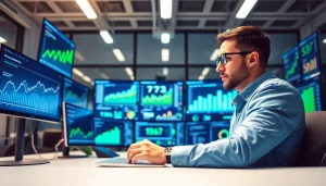 Engaging digital marketing strategist reviewing analytics in a modern office.