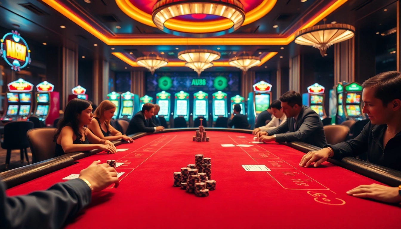 Engage in thrilling casino excitement at AU88, featuring poker tables and vibrant slot machines.