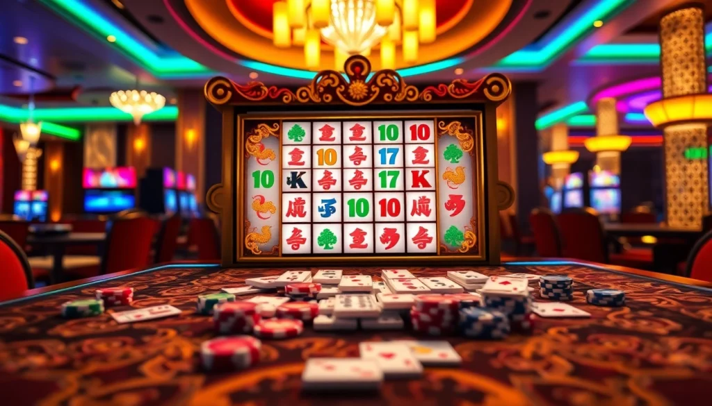 Spin the reels in this mahjong slot demo amidst a lively casino atmosphere.