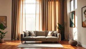 Verduisterende gordijnen in een moderne woonkamer met een ontspannen sfeer en natuurlijke lichtinval.