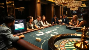 Experience thrilling gameplay during oxplay login at a vibrant casino filled with poker tables and roulette wheels.