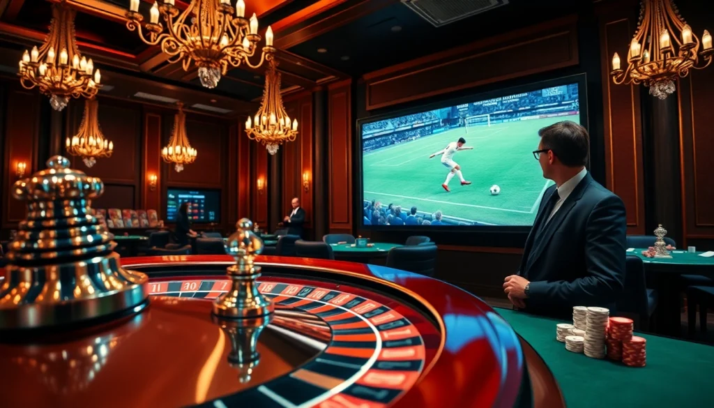 Experience thrilling แทงบอลโลก action at a luxurious casino with roulette and football match screens.