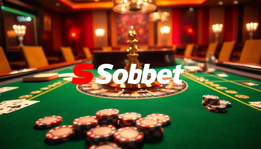 Sbobet logo featured prominently as players engage with poker chips and cards at a luxurious casino table