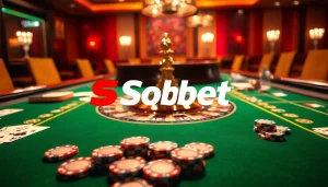 Sbobet logo featured prominently as players engage with poker chips and cards at a luxurious casino table